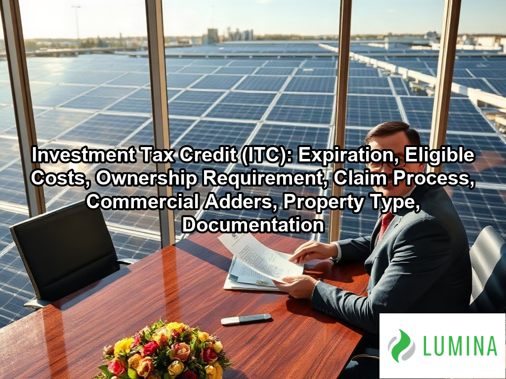 A tablet on a boardroom table displays the investment tax credit (itc) while overlooking rooftop solar panels for business on a page about Investment Tax Credit (ITC): Expiration, Eligible Costs, Ownership Requirement, Claim Process, Commercial Adders, Property Type, Documentation