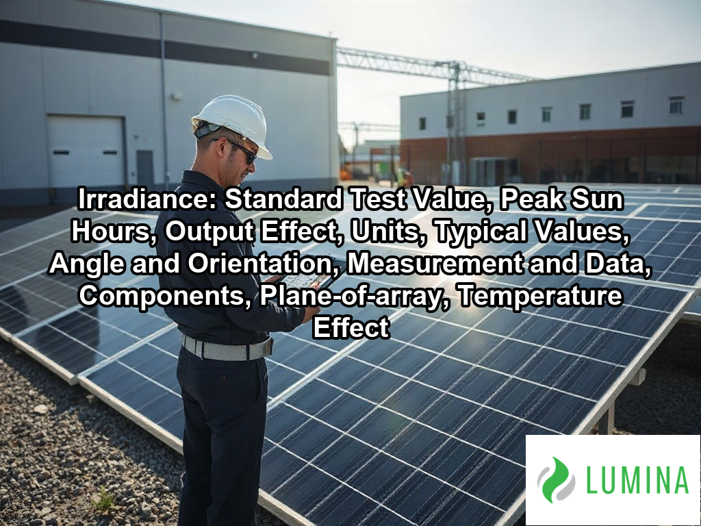 A high solar array on a commercial rooftop captures peak irradiance to maximize the efficiency of the power system on a page about Irradiance: Standard Test Value, Peak Sun Hours, Output Effect, Units, Typical Values, Angle and Orientation, Measurement and Data, Components, Plane-of-array, Temperature Effect
