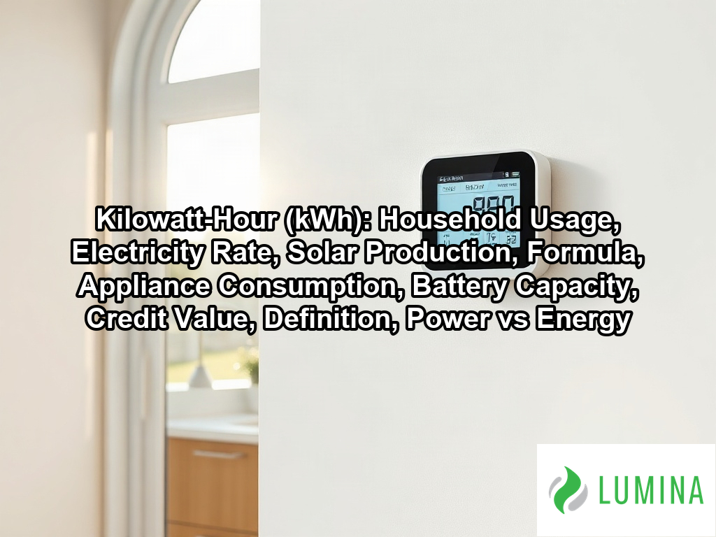 A homeowner views a tablet showing solar energy production in a kilowatt-hour (kWh) graph to track electricity savings on a page about Kilowatt-Hour (kWh): Household Usage, Electricity Rate, Solar Production, Formula, Appliance Consumption, Battery Capacity, Credit Value, Definition, Power vs Energy