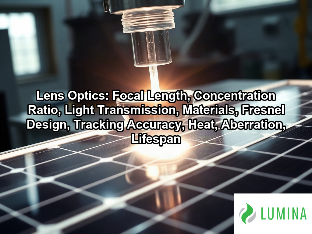 A solar concentrating lens uses lens optics to focus intense sunlight onto a silicon cell for high efficiency energy gain on a page about Lens Optics: Focal Length, Concentration Ratio, Light Transmission, Materials, Fresnel Design, Tracking Accuracy, Heat, Aberration, Lifespan