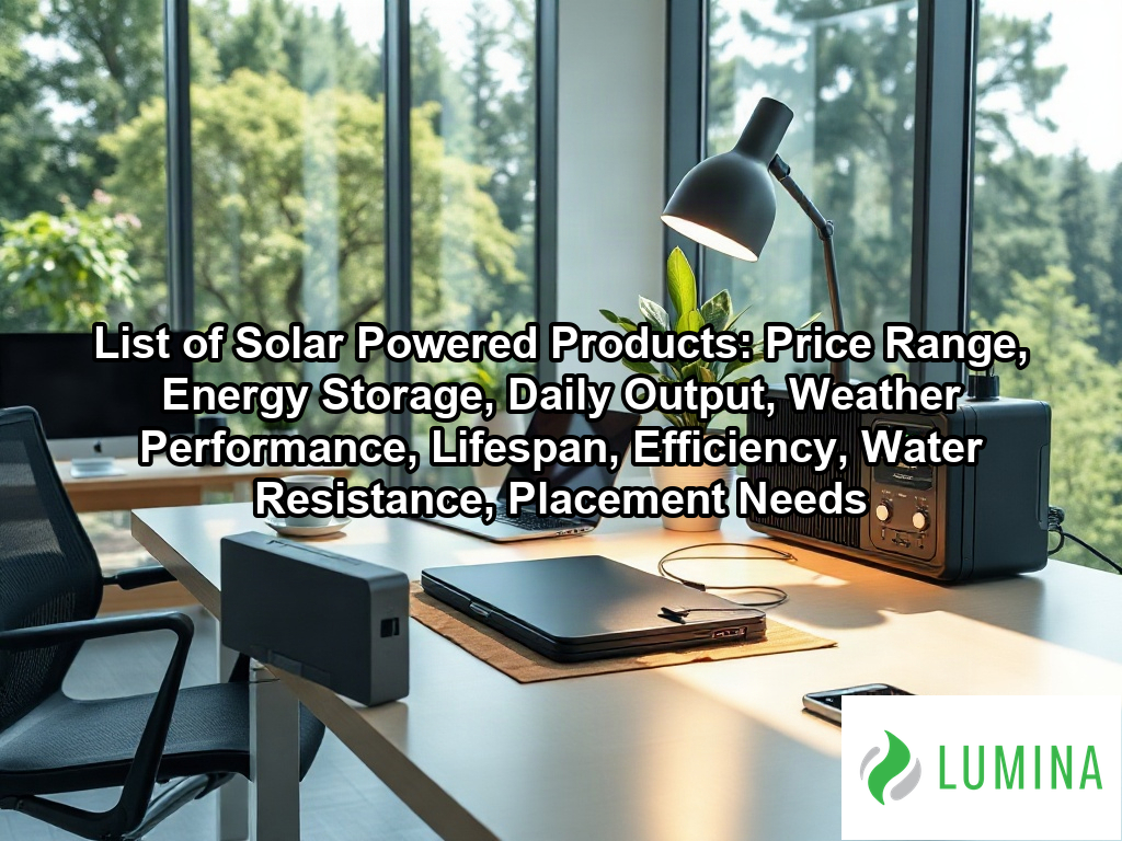 A modern home office setup displays a list of solar powered products like a power station and lamp fed by rooftop panels on a page about List of Solar Powered Products: Price Range, Energy Storage, Daily Output, Weather Performance, Lifespan, Efficiency, Water Resistance, Placement Needs