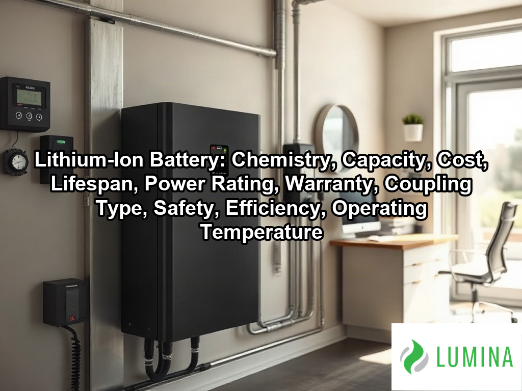 A sleek lithium-ion battery powers a building by storing renewable electricity generated from rooftop solar panels on a page about Lithium-Ion Battery: Chemistry, Capacity, Cost, Lifespan, Power Rating, Warranty, Coupling Type, Safety, Efficiency, Operating Temperature