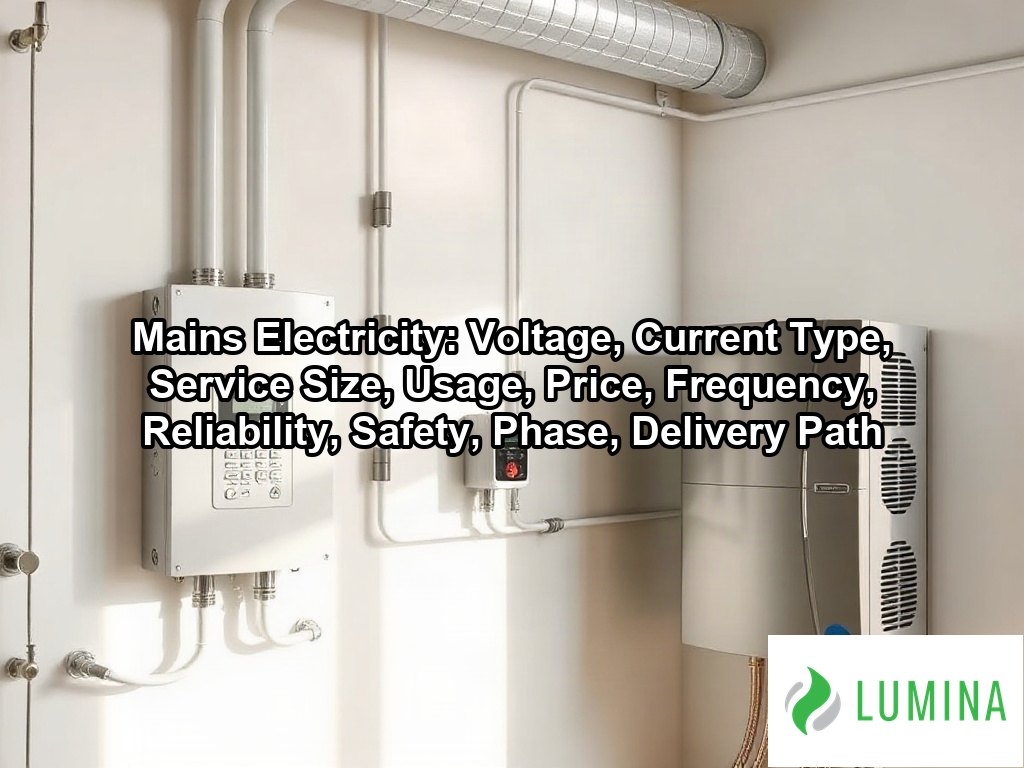 A wall-mounted solar inverter glows green to show how solar panels successfully integrate with household mains electricity on a page about Mains Electricity: Voltage, Current Type, Service Size, Usage, Price, Frequency, Reliability, Safety, Phase, Delivery Path