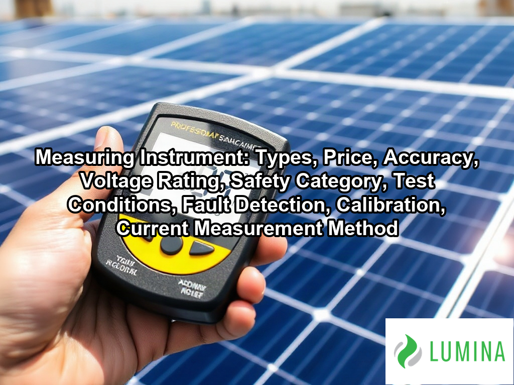 A solar technician uses a digital irradiance measuring instrument to verify the power output of a large panel array on a page about Measuring Instrument: Types, Price, Accuracy, Voltage Rating, Safety Category, Test Conditions, Fault Detection, Calibration, Current Measurement Method