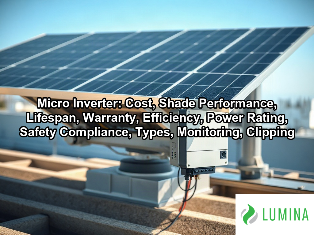 A professional micro inverter is attached to a solar panel rail to efficiently convert energy on a residential roof on a page about Micro Inverter: Cost, Shade Performance, Lifespan, Warranty, Efficiency, Power Rating, Safety Compliance, Types, Monitoring, Clipping