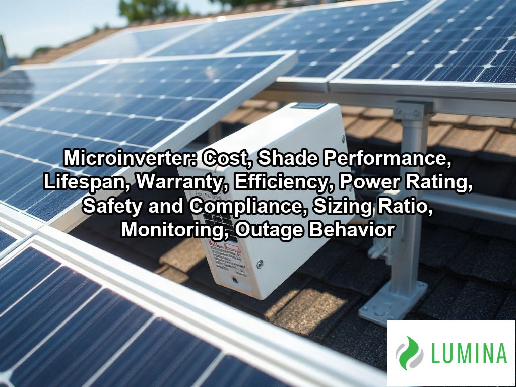 A compact microinverter is attached to a rooftop solar panel rail to maximize individual panel energy conversion efficiency on a page about Microinverter: Cost, Shade Performance, Lifespan, Warranty, Efficiency, Power Rating, Safety and Compliance, Sizing Ratio, Monitoring, Outage Behavior