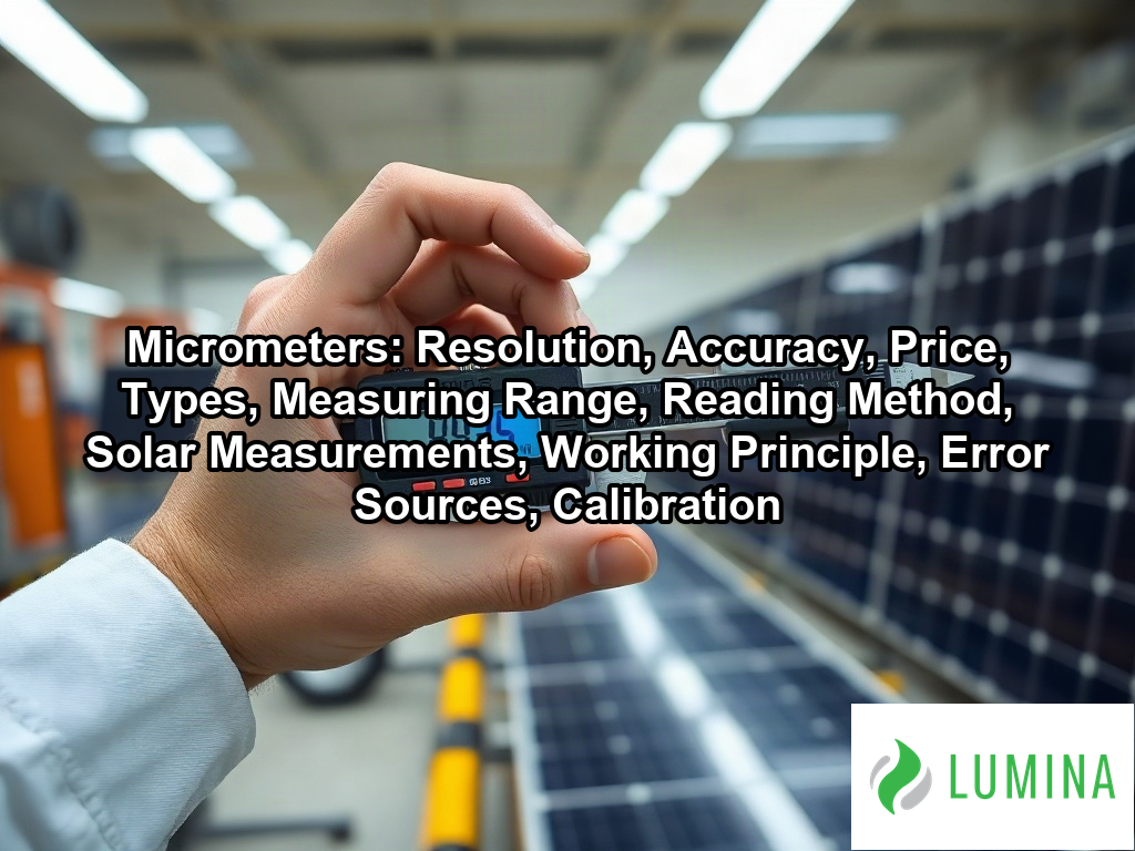 A technician uses micrometers to measure the precise thickness of a solar panel wafer in a sterile laboratory environment on a page about Micrometers: Resolution, Accuracy, Price, Types, Measuring Range, Reading Method, Solar Measurements, Working Principle, Error Sources, Calibration