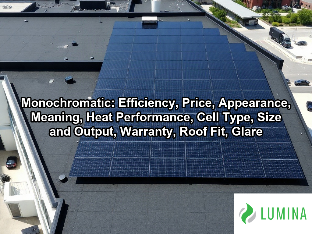 Sleek all black monochromatic solar panels create a unified surface on a dark metal roof to maximize energy efficiency on a page about Monochromatic: Efficiency, Price, Appearance, Meaning, Heat Performance, Cell Type, Size and Output, Warranty, Roof Fit, Glare