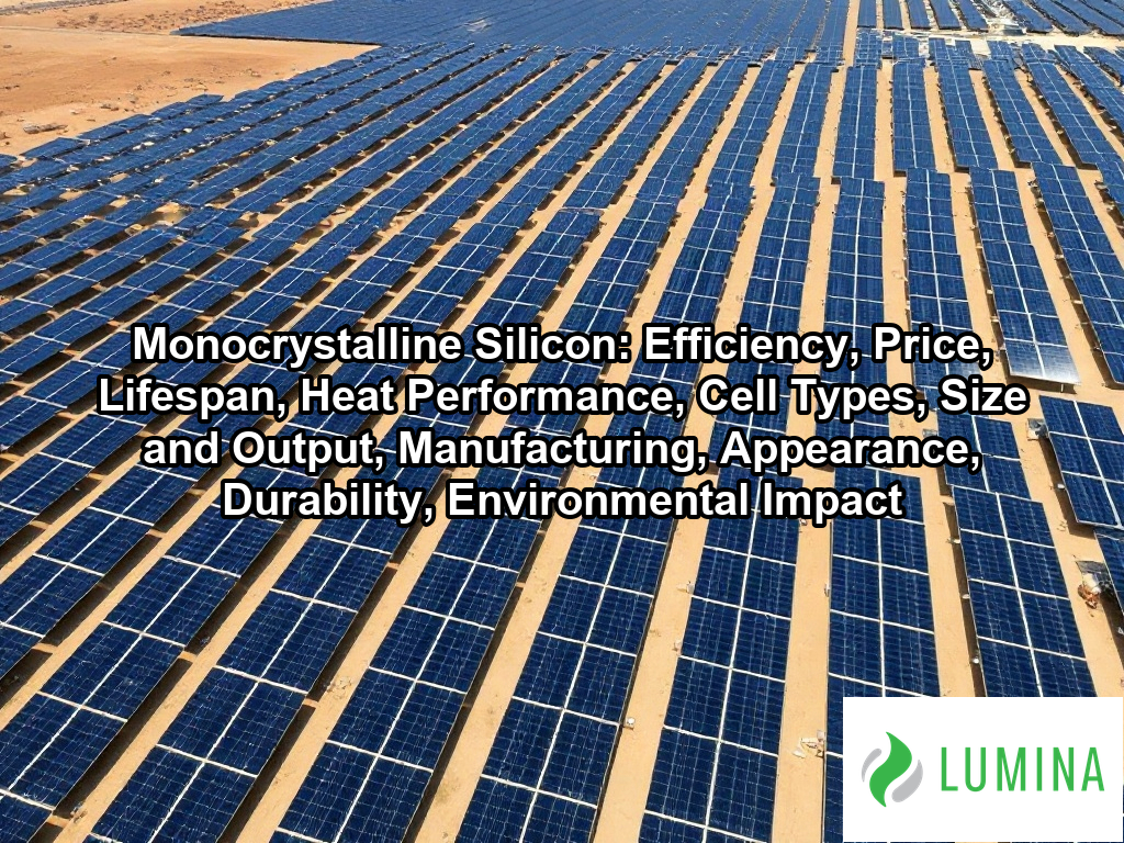 A close view of a dark monocrystalline silicon solar panel on a rooftop shows the high efficiency cells in clear light on a page about Monocrystalline Silicon: Efficiency, Price, Lifespan, Heat Performance, Cell Types, Size and Output, Manufacturing, Appearance, Durability, Environmental Impact