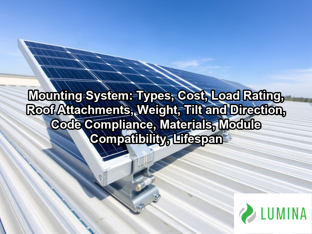 A professional solar panel array on a warehouse roof shows how a sturdy mounting system secures panels for long-term use on a page about Mounting System: Types, Cost, Load Rating, Roof Attachments, Weight, Tilt and Direction, Code Compliance, Materials, Module Compatibility, Lifespan