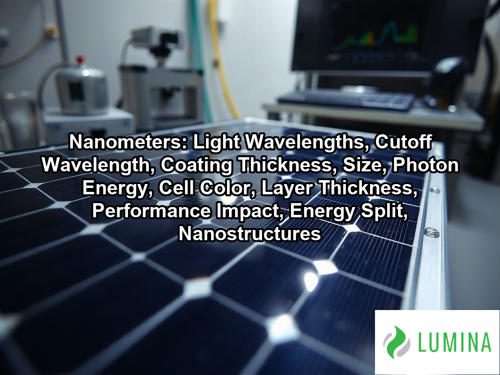 A precision sensor examines an iridescent nanometers thick coating on a solar cell to optimize light absorption efficiency on a page about Nanometers: Light Wavelengths, Cutoff Wavelength, Coating Thickness, Size, Photon Energy, Cell Color, Layer Thickness, Performance Impact, Energy Split, Nanostructures