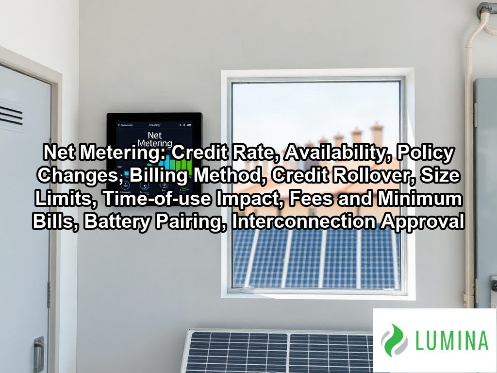 A digital utility meter on a brick wall displays a surplus of energy to show how net metering saves on solar costs on a page about Net Metering: Credit Rate, Availability, Policy Changes, Billing Method, Credit Rollover, Size Limits, Time-of-use Impact, Fees and Minimum Bills, Battery Pairing, Interconnection Approval