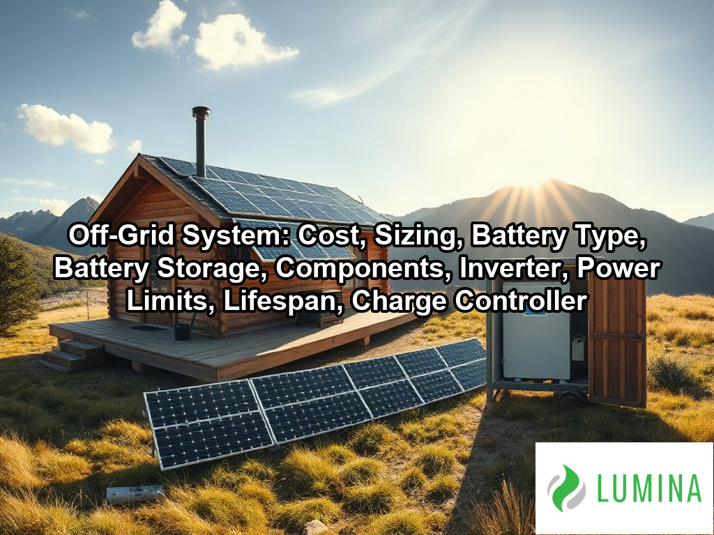 A mountain cabin uses a ground-mounted off-grid system to provide sustainable energy for independent living on a page about Off-Grid System: Cost, Sizing, Battery Type, Battery Storage, Components, Inverter, Power Limits, Lifespan, Charge Controller