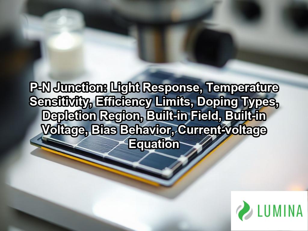 A close up of blue solar cells on a rooftop showing the p-n junction technology that converts sunlight into energy on a page about P-N Junction: Light Response, Temperature Sensitivity, Efficiency Limits, Doping Types, Depletion Region, Built-in Field, Built-in Voltage, Bias Behavior, Current-voltage Equation
