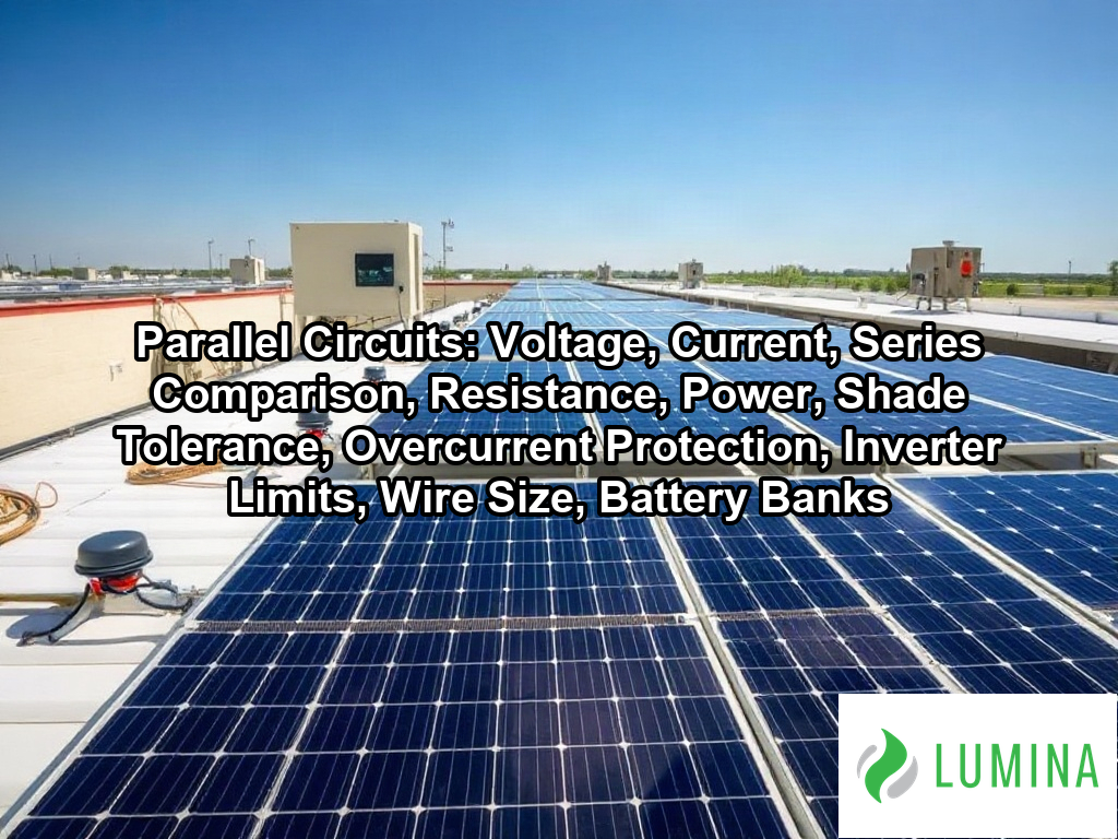 Solar panels on a gravel roof use MC4 connectors to create parallel circuits that increase the total amperage output on a page about Parallel Circuits: Voltage, Current, Series Comparison, Resistance, Power, Shade Tolerance, Overcurrent Protection, Inverter Limits, Wire Size, Battery Banks