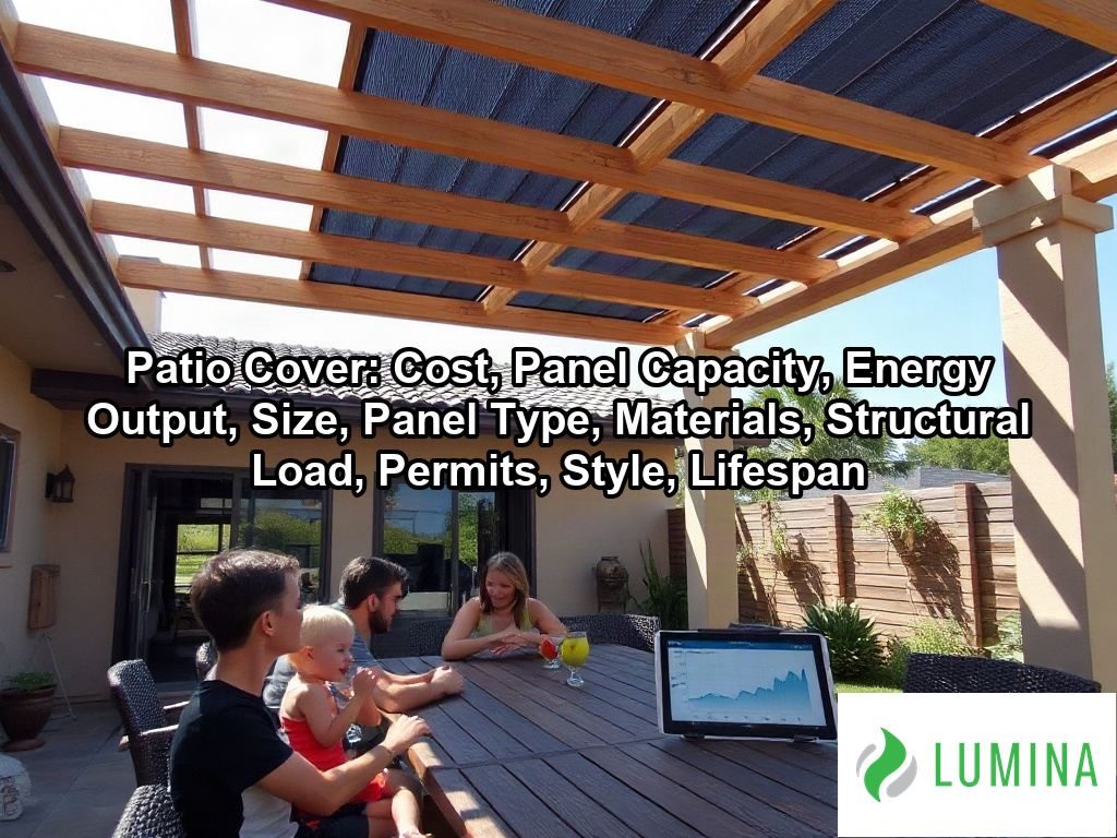 A sleek modern patio cover with integrated solar panels provides sustainable shade over a luxury outdoor living area on a page about Patio Cover: Cost, Panel Capacity, Energy Output, Size, Panel Type, Materials, Structural Load, Permits, Style, Lifespan