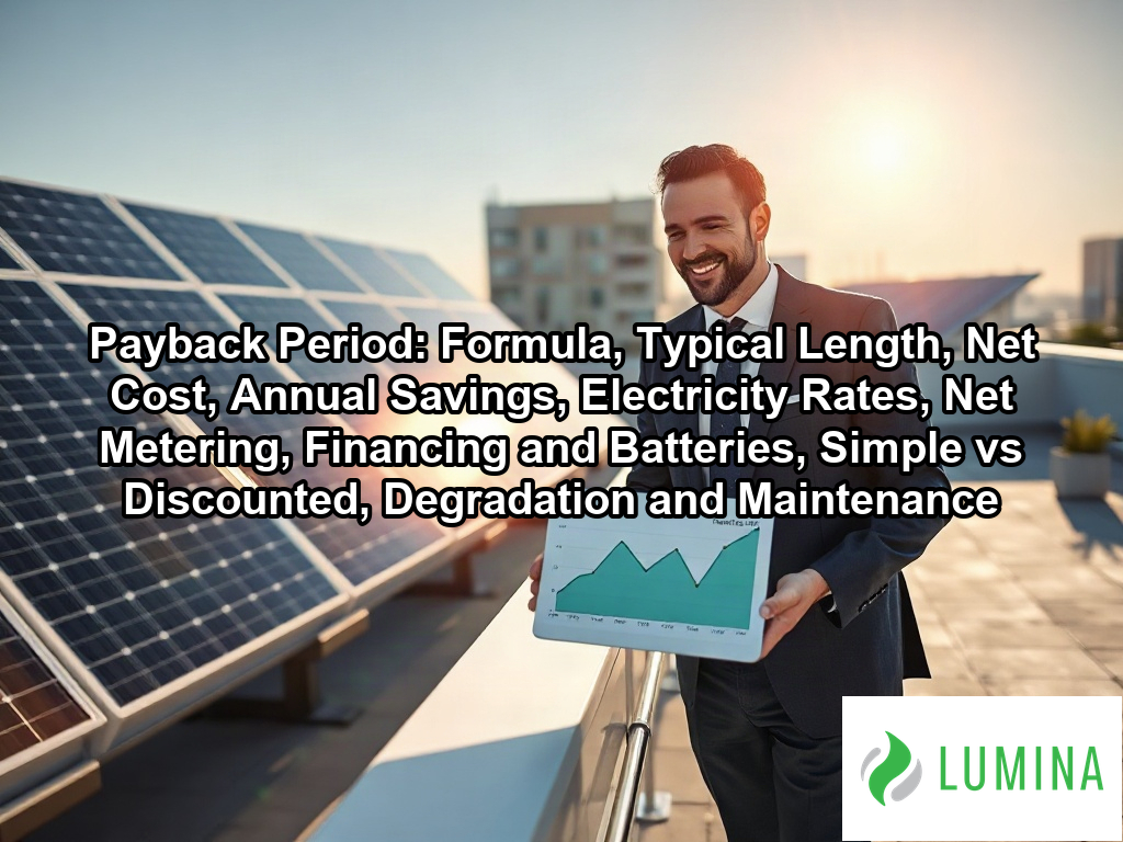 A business professional looks at rooftop solar panels to envision the financial returns during the payback period on a page about Payback Period: Formula, Typical Length, Net Cost, Annual Savings, Electricity Rates, Net Metering, Financing and Batteries, Simple vs Discounted, Degradation and Maintenance