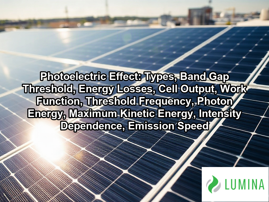 Sunlight hits a monocrystalline solar panel where the photoelectric effect converts light into clean electrical energy on a page about Photoelectric Effect: Types, Band Gap Threshold, Energy Losses, Cell Output, Work Function, Threshold Frequency, Photon Energy, Maximum Kinetic Energy, Intensity Dependence, Emission Speed