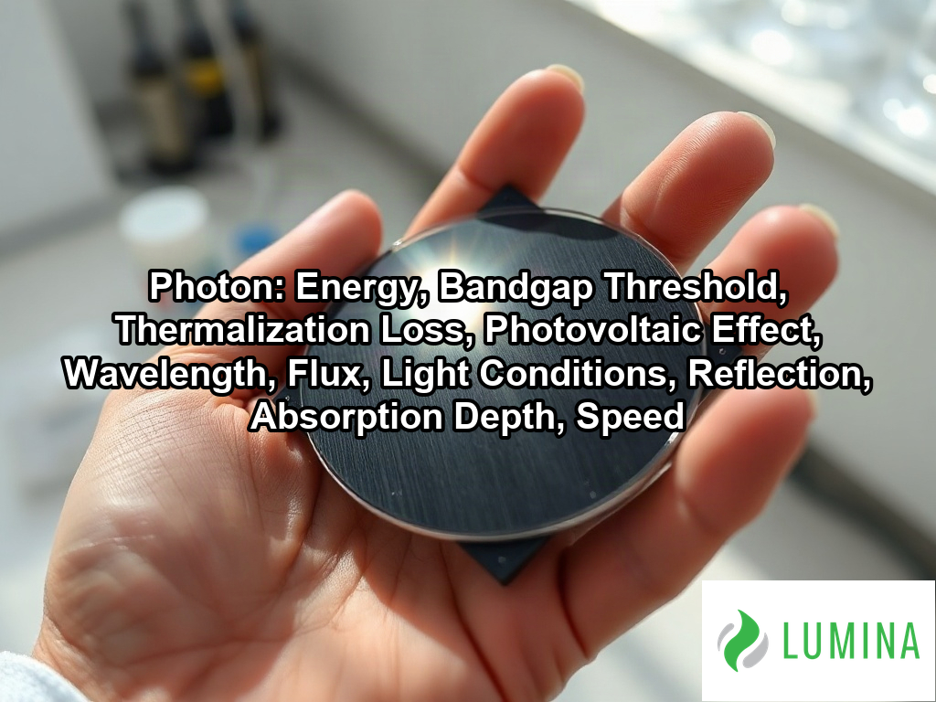 A concentrated beam of sunlight hits a solar cell to release energy as each photon triggers electricity for home power on a page about Photon: Energy, Bandgap Threshold, Thermalization Loss, Photovoltaic Effect, Wavelength, Flux, Light Conditions, Reflection, Absorption Depth, Speed