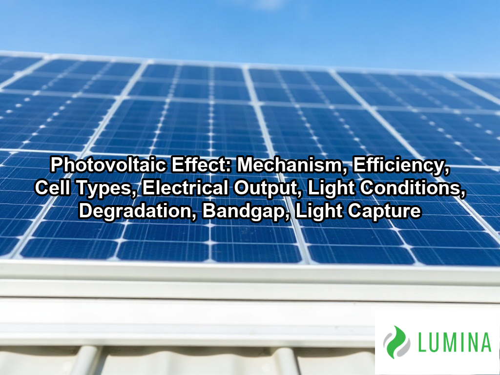 Rows of monocrystalline solar panels capture dawn sunlight at a farm to demonstrate the photovoltaic effect in action on a page about Photovoltaic Effect: Mechanism, Efficiency, Cell Types, Electrical Output, Light Conditions, Degradation, Bandgap, Light Capture