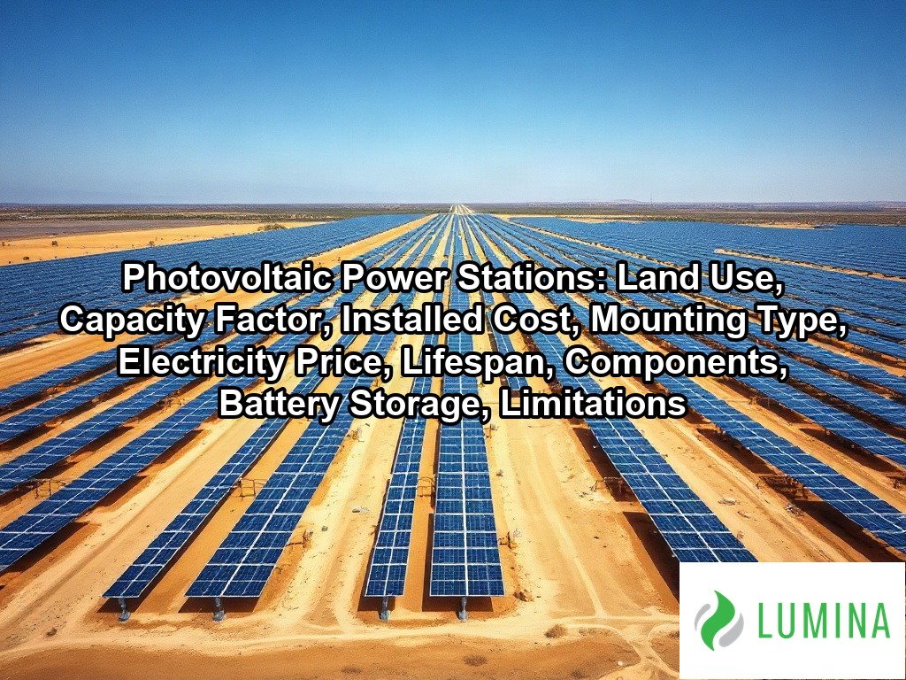 Thousands of solar panels at a utility scale photovoltaic power station capture energy across a vast sunlit plateau on a page about Photovoltaic Power Stations: Land Use, Capacity Factor, Installed Cost, Mounting Type, Electricity Price, Lifespan, Components, Battery Storage, Limitations