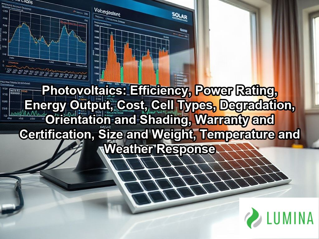 A modern warehouse features high-efficiency photovoltaics installed on its roof to generate clean solar energy on a page about Photovoltaics: Efficiency, Power Rating, Energy Output, Cost, Cell Types, Degradation, Orientation and Shading, Warranty and Certification, Size and Weight, Temperature and Weather Response