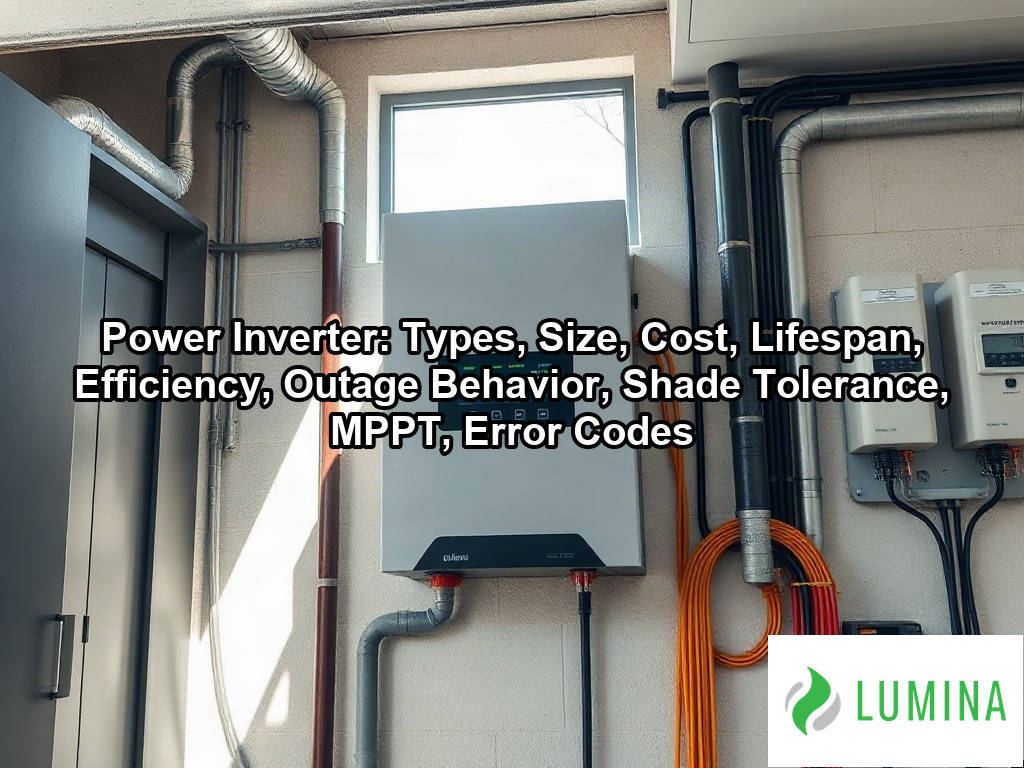 A wall-mounted power inverter converts solar panel energy into usable electricity inside a modern commercial facility on a page about Power Inverter: Types, Size, Cost, Lifespan, Efficiency, Outage Behavior, Shade Tolerance, MPPT, Error Codes