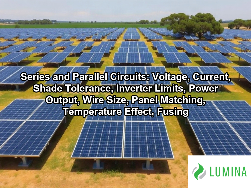 A ground solar array uses series and parallel circuits to optimize voltage and current for efficient power generation on a page about Series and Parallel Circuits: Voltage, Current, Shade Tolerance, Inverter Limits, Power Output, Wire Size, Panel Matching, Temperature Effect, Fusing
