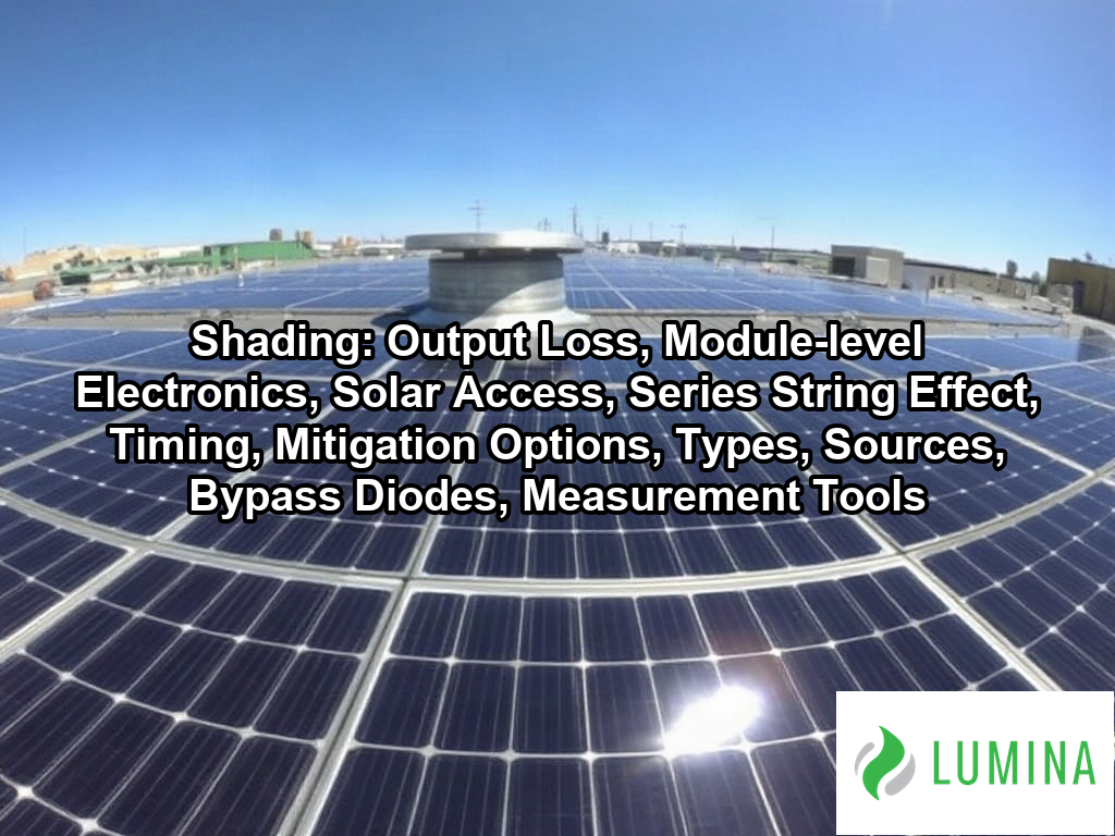 A sharp shadow from a rooftop vent falls onto a solar panel to show how shading reduces the efficiency of a solar array on a page about Shading: Output Loss, Module-level Electronics, Solar Access, Series String Effect, Timing, Mitigation Options, Types, Sources, Bypass Diodes, Measurement Tools