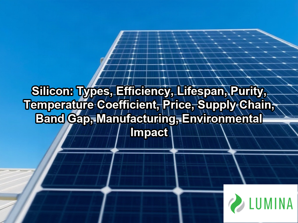 Sunlight hits the grid of a monocrystalline silicon solar panel on a rooftop to demonstrate high efficiency energy capture on a page about Silicon: Types, Efficiency, Lifespan, Purity, Temperature Coefficient, Price, Supply Chain, Band Gap, Manufacturing, Environmental Impact