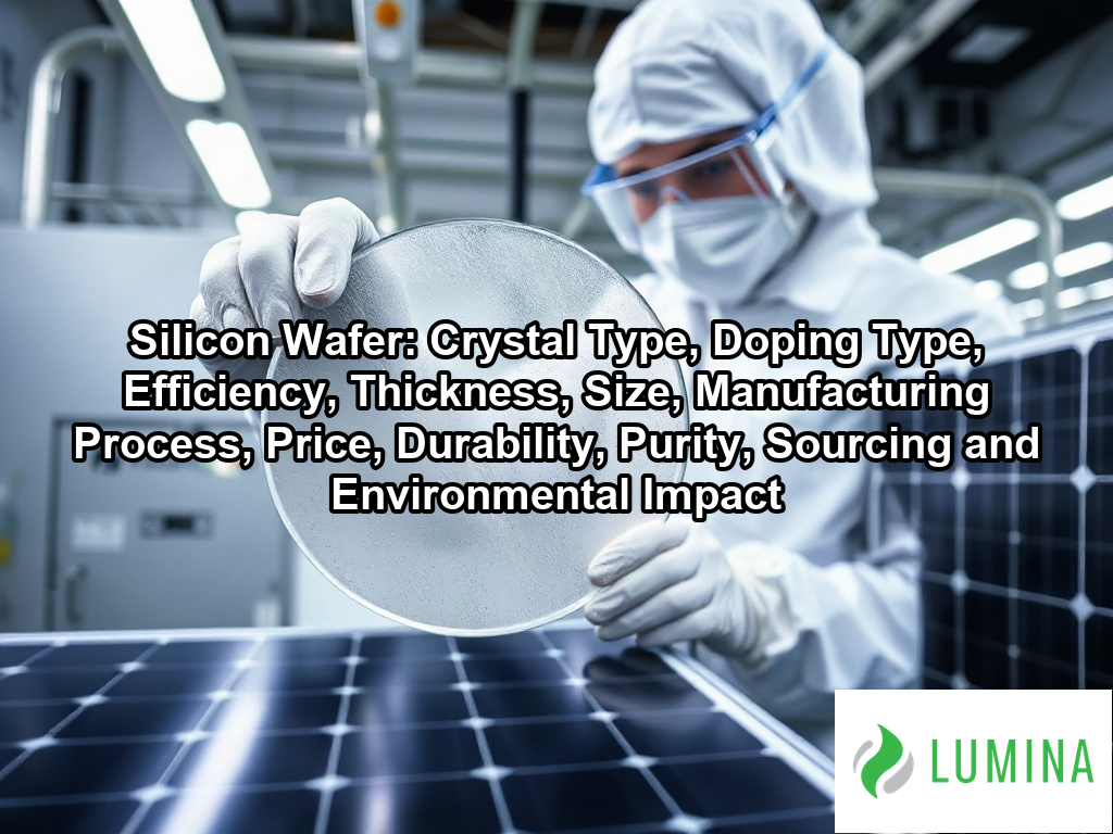 A technician inspects a blue silicon wafer on a testing station to ensure high performance in solar panel manufacturing on a page about Silicon Wafer: Crystal Type, Doping Type, Efficiency, Thickness, Size, Manufacturing Process, Price, Durability, Purity, Sourcing and Environmental Impact