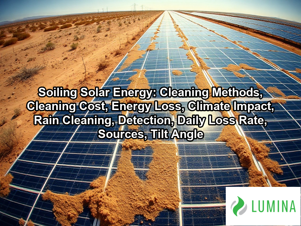 A clean commercial solar array shows how debris impacts soiling solar energy efficiency by blocking sunlight on the panels on a page about Soiling Solar Energy: Cleaning Methods, Cleaning Cost, Energy Loss, Climate Impact, Rain Cleaning, Detection, Daily Loss Rate, Sources, Tilt Angle