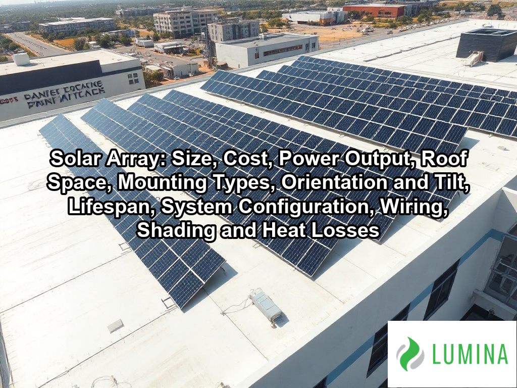 Rows of dark photovoltaic panels form a large commercial solar array that powers the building through efficient energy on a page about Solar Array: Size, Cost, Power Output, Roof Space, Mounting Types, Orientation and Tilt, Lifespan, System Configuration, Wiring, Shading and Heat Losses