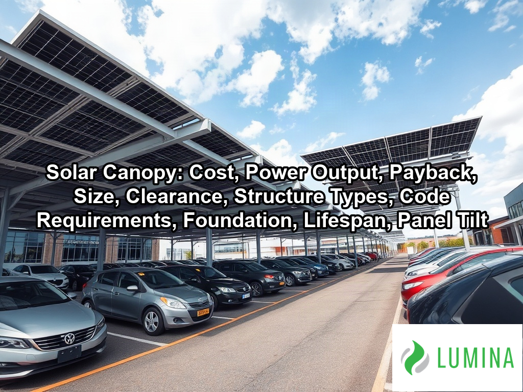 A sleek solar canopy provides shade for electric vehicles in a corporate parking lot while generating renewable energy on a page about Solar Canopy: Cost, Power Output, Payback, Size, Clearance, Structure Types, Code Requirements, Foundation, Lifespan, Panel Tilt