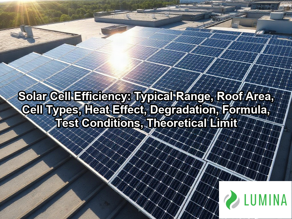 Sunlight reflects off a monocrystalline panel to show how solar cell efficiency drives better energy yields for your roof on a page about Solar Cell Efficiency: Typical Range, Roof Area, Cell Types, Heat Effect, Degradation, Formula, Test Conditions, Theoretical Limit