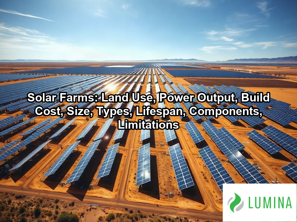 Endless rows of photovoltaic panels across a vast landscape show how solar farms scale to generate sustainable energy on a page about Solar Farms: Land Use, Power Output, Build Cost, Size, Types, Lifespan, Components, Limitations