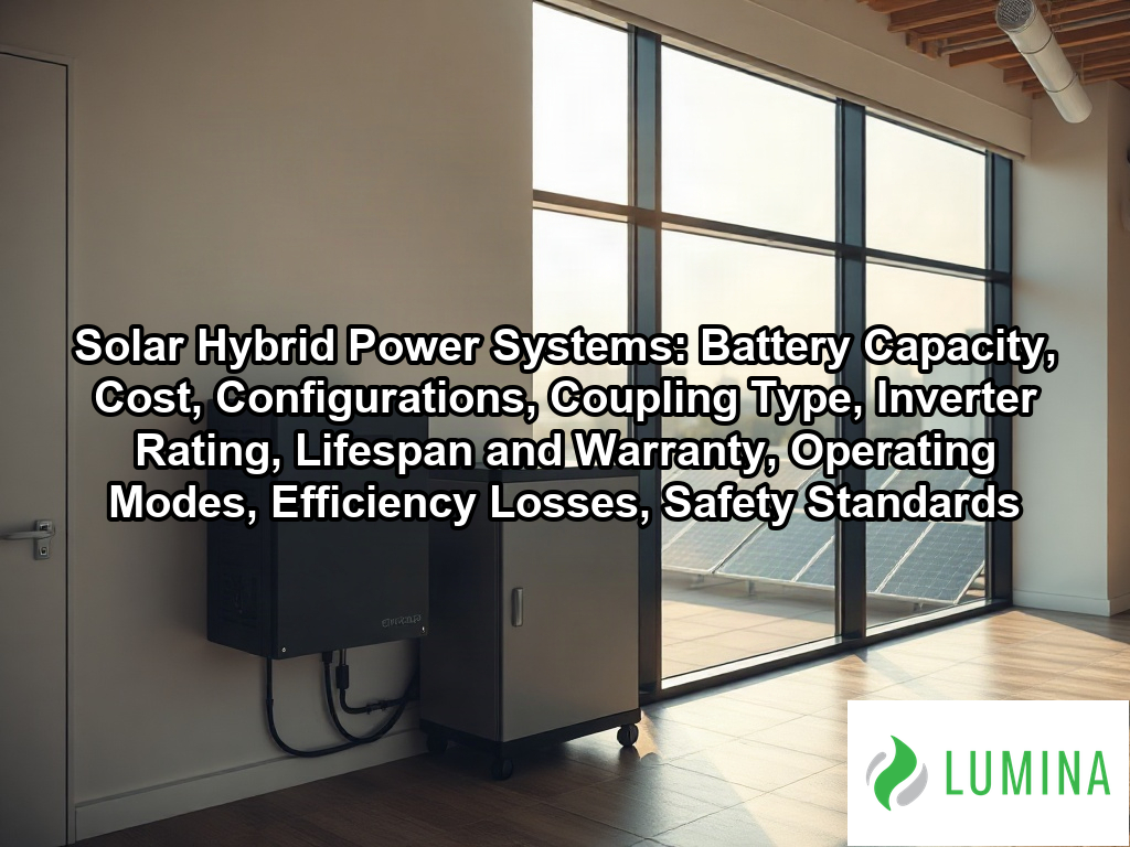 A sleek lithium battery powers a server room while rooftop solar hybrid power systems capture energy from morning sunlight on a page about Solar Hybrid Power Systems: Battery Capacity, Cost, Configurations, Coupling Type, Inverter Rating, Lifespan and Warranty, Operating Modes, Efficiency Losses, Safety Standards