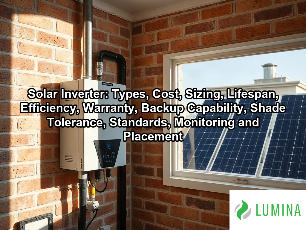 A wall-mounted solar inverter converts energy captured from rooftop panels into usable power in a modern utility room on a page about Solar Inverter: Types, Cost, Sizing, Lifespan, Efficiency, Warranty, Backup Capability, Shade Tolerance, Standards, Monitoring and Placement