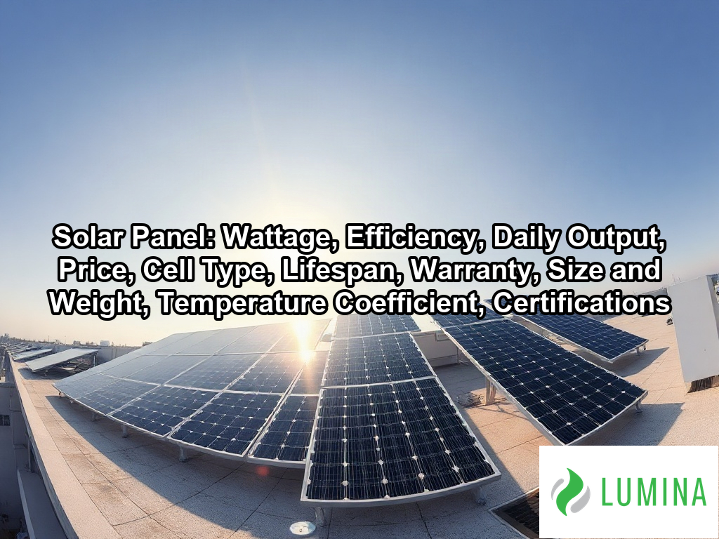 A vast solar panel array installed on a flat roof captures late afternoon sunlight to generate clean energy efficiently on a page about Solar Panel: Wattage, Efficiency, Daily Output, Price, Cell Type, Lifespan, Warranty, Size and Weight, Temperature Coefficient, Certifications