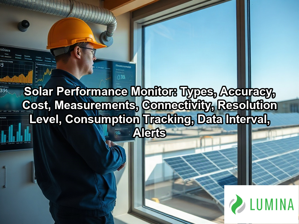 A tablet on a wall displays a solar performance monitor dashboard tracking energy production from outdoor solar panels on a page about Solar Performance Monitor: Types, Accuracy, Cost, Measurements, Connectivity, Resolution Level, Consumption Tracking, Data Interval, Alerts
