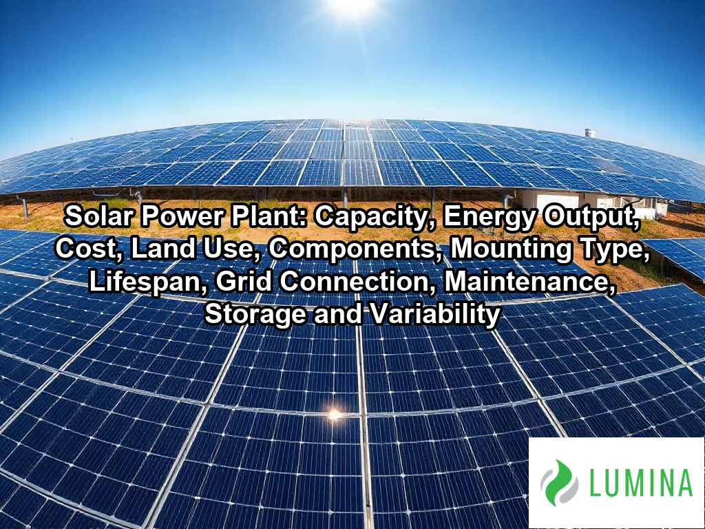 Rows of dark blue panels at a solar power plant capture energy across an expansive landscape to provide renewable power on a page about Solar Power Plant: Capacity, Energy Output, Cost, Land Use, Components, Mounting Type, Lifespan, Grid Connection, Maintenance, Storage and Variability