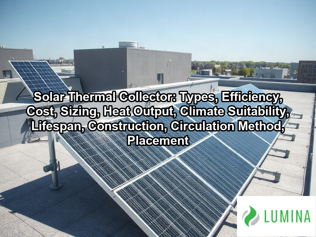 A solar thermal collector sits beside photovoltaic panels on a rooftop to efficiently heat water for the building on a page about Solar Thermal Collector: Types, Efficiency, Cost, Sizing, Heat Output, Climate Suitability, Lifespan, Construction, Circulation Method, Placement