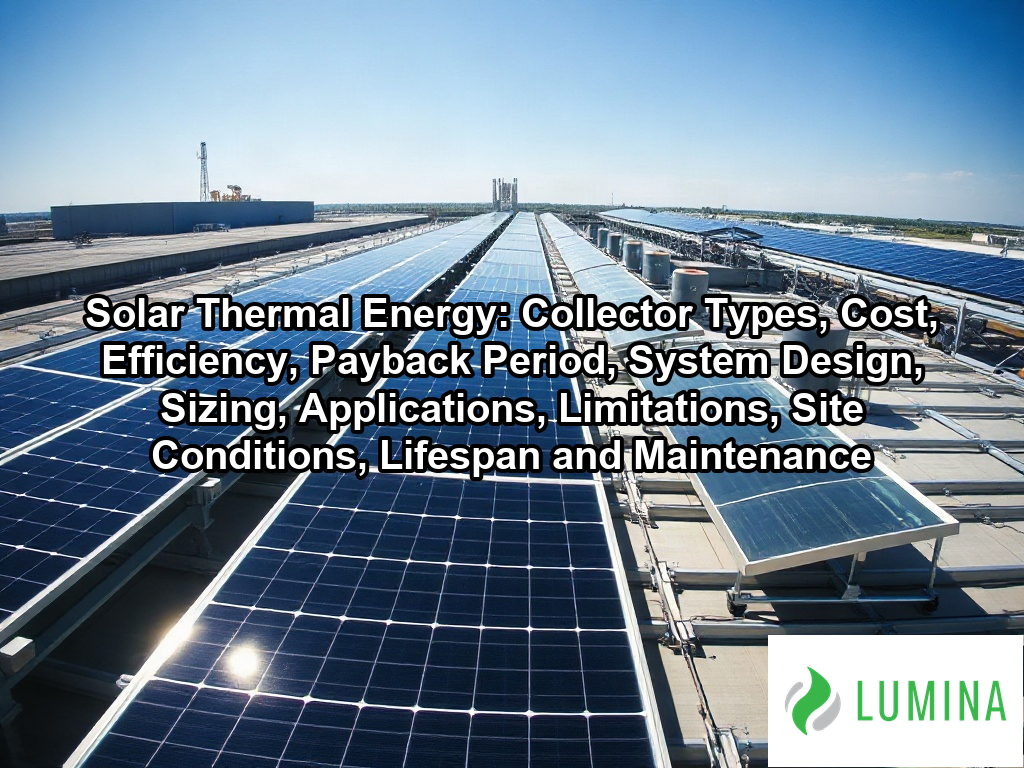 Modern rooftop collectors capture sunlight for solar thermal energy to heat water efficiently within the industrial facility on a page about Solar Thermal Energy: Collector Types, Cost, Efficiency, Payback Period, System Design, Sizing, Applications, Limitations, Site Conditions, Lifespan and Maintenance