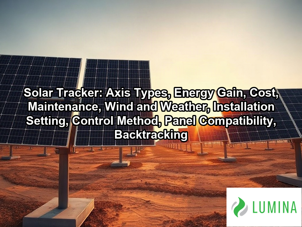 A wide solar tracker array rotates panels toward the midday sun to maximize electricity generation at a commercial farm on a page about Solar Tracker: Axis Types, Energy Gain, Cost, Maintenance, Wind and Weather, Installation Setting, Control Method, Panel Compatibility, Backtracking