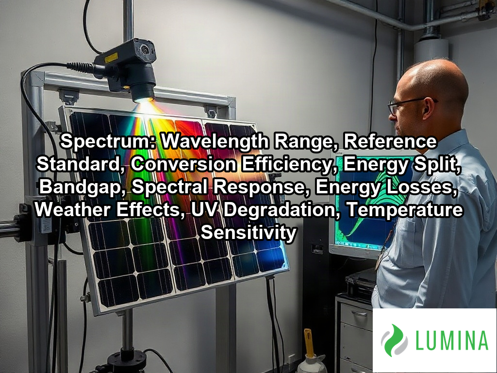 An engineer monitors how the solar spectrum influences light absorption for high efficiency monocrystalline solar panels on a page about Spectrum: Wavelength Range, Reference Standard, Conversion Efficiency, Energy Split, Bandgap, Spectral Response, Energy Losses, Weather Effects, UV Degradation, Temperature Sensitivity
