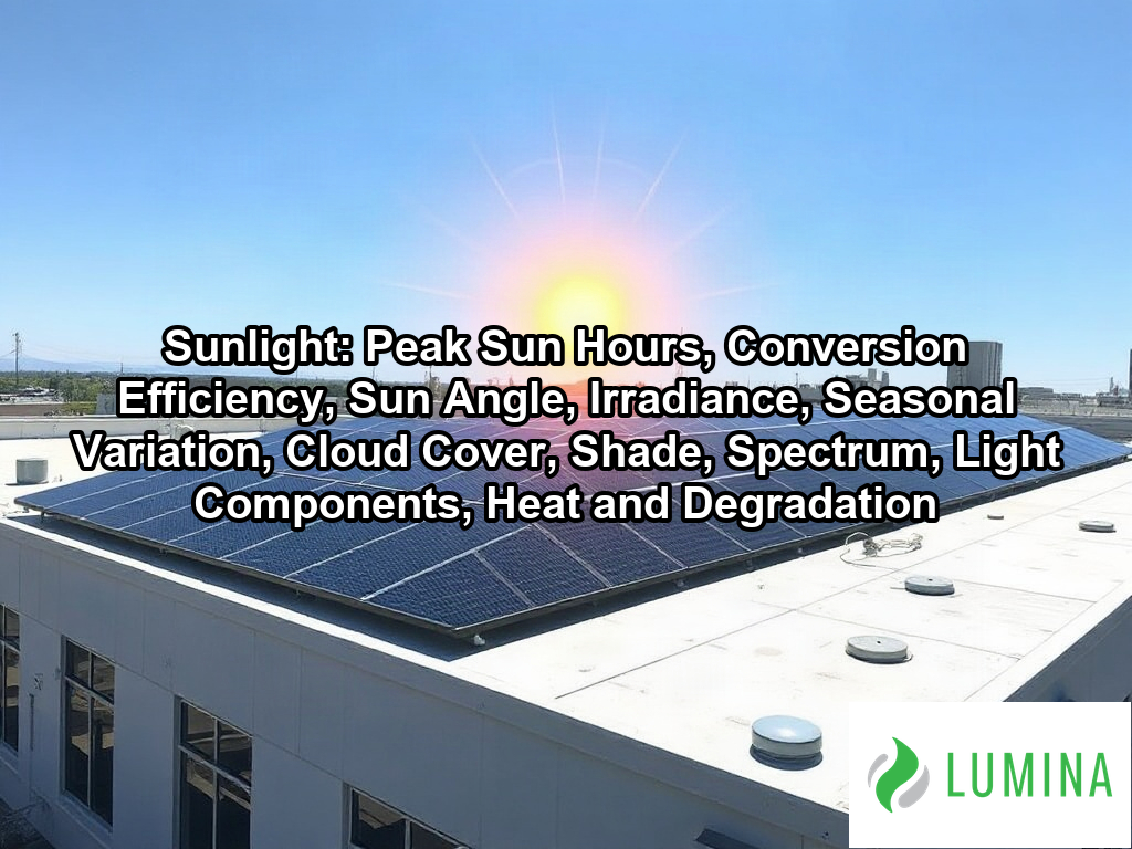 Rows of dark solar panels absorb intense midday sunlight to efficiently generate renewable energy across the field on a page about Sunlight: Peak Sun Hours, Conversion Efficiency, Sun Angle, Irradiance, Seasonal Variation, Cloud Cover, Shade, Spectrum, Light Components, Heat and Degradation