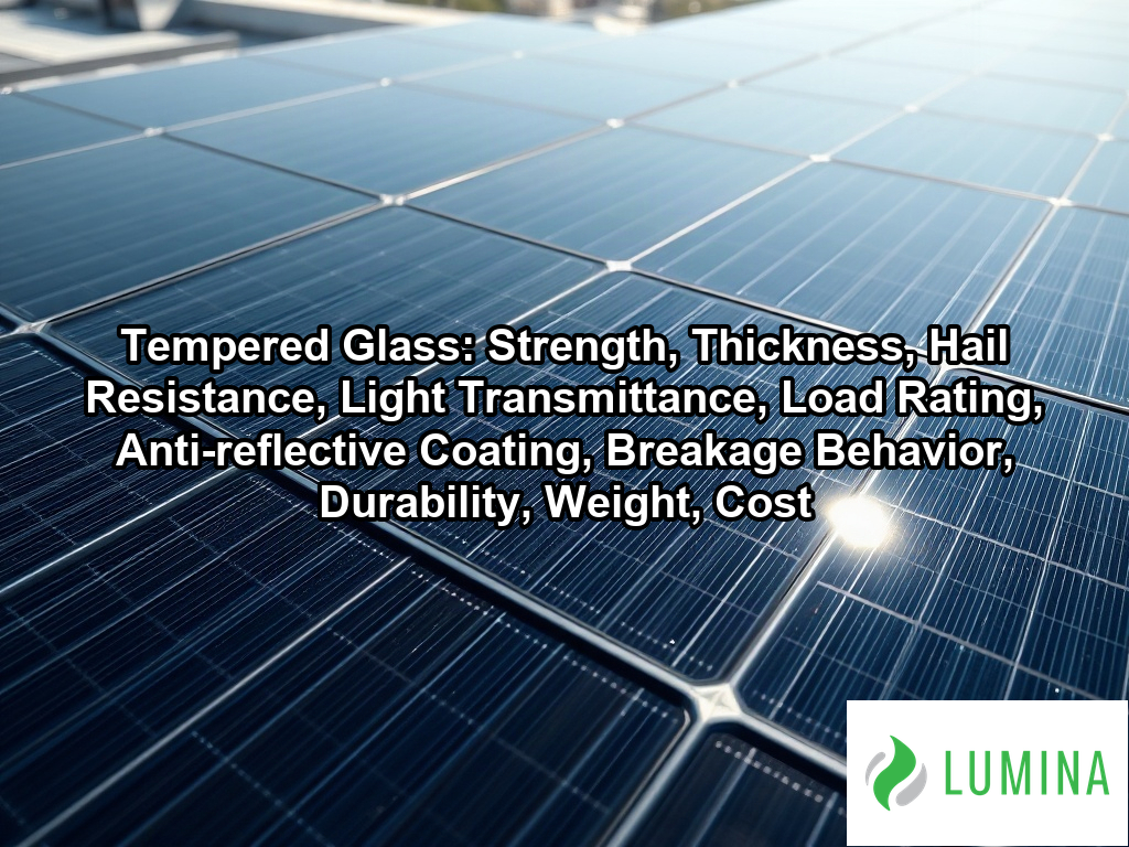 A close-up of a robust solar panel on a rooftop shows how tempered glass protects cells while maximizing energy efficiency on a page about Tempered Glass: Strength, Thickness, Hail Resistance, Light Transmittance, Load Rating, Anti-reflective Coating, Breakage Behavior, Durability, Weight, Cost