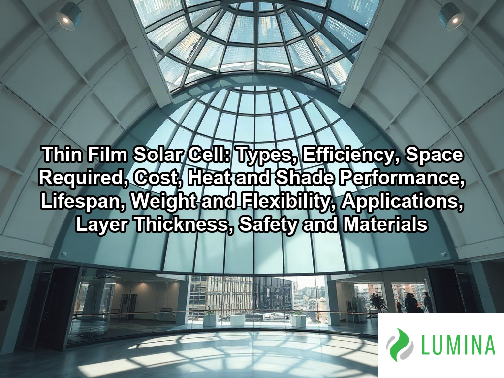 A commercial building facade utilizes a thin film solar cell array to generate clean energy while maintaining sleek style on a page about Thin Film Solar Cell: Types, Efficiency, Space Required, Cost, Heat and Shade Performance, Lifespan, Weight and Flexibility, Applications, Layer Thickness, Safety and Materials