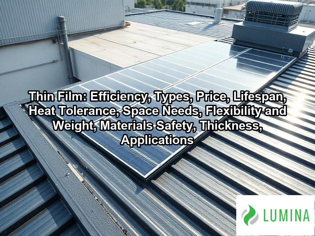A commercial rooftop covered in flexible thin film solar panels that convert sunlight into clean renewable energy on a page about Thin Film: Efficiency, Types, Price, Lifespan, Heat Tolerance, Space Needs, Flexibility and Weight, Materials Safety, Thickness, Applications