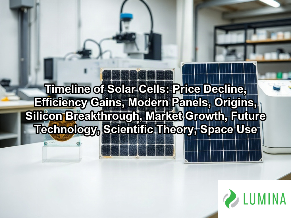 A scientist studies a display showing the timeline of solar cells to demonstrate how modern panels evolved for better energy on a page about Timeline of Solar Cells: Price Decline, Efficiency Gains, Modern Panels, Origins, Silicon Breakthrough, Market Growth, Future Technology, Scientific Theory, Space Use
